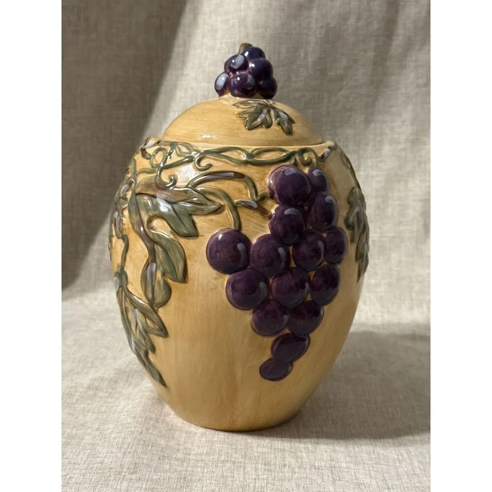 Noble Excellence Ceramic Canister Embossed Vintage Grapes & Leaves Design 10 in